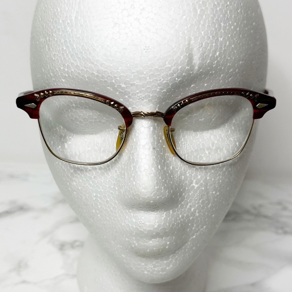 Vintage 50s Cat Eye Bifocal Eyeglasses Size 5.5 Burgundy Gold 12K GF Filigree